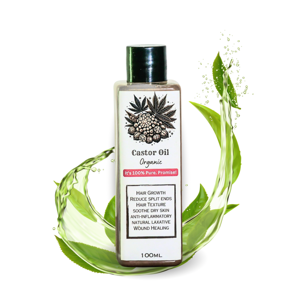 Castor Oil, 100ml: clear bottle with a white label, in a splash of green leaves