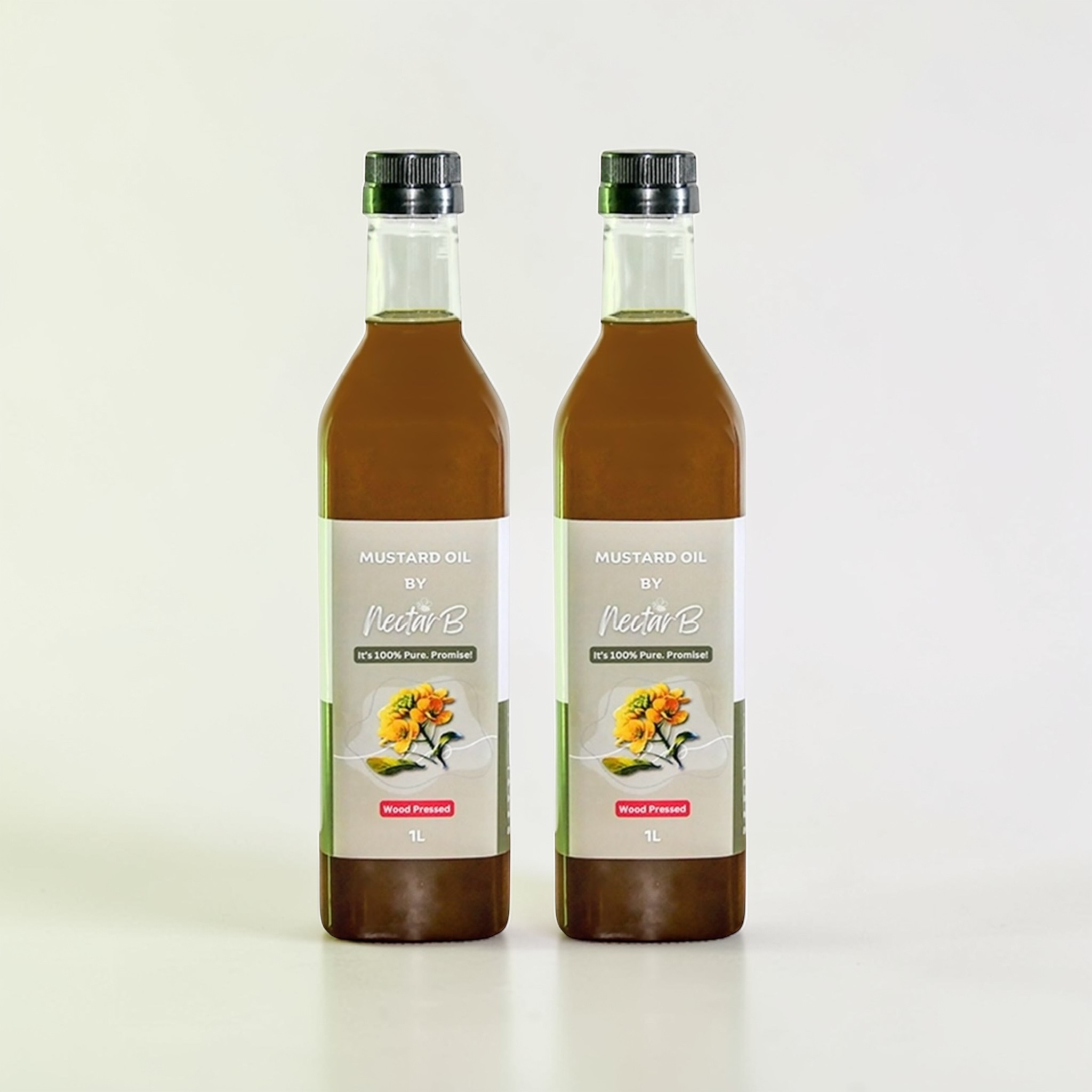 Wood Pressed Mustard Oil, 2L: two glass bottles of dark brown oil, green labels