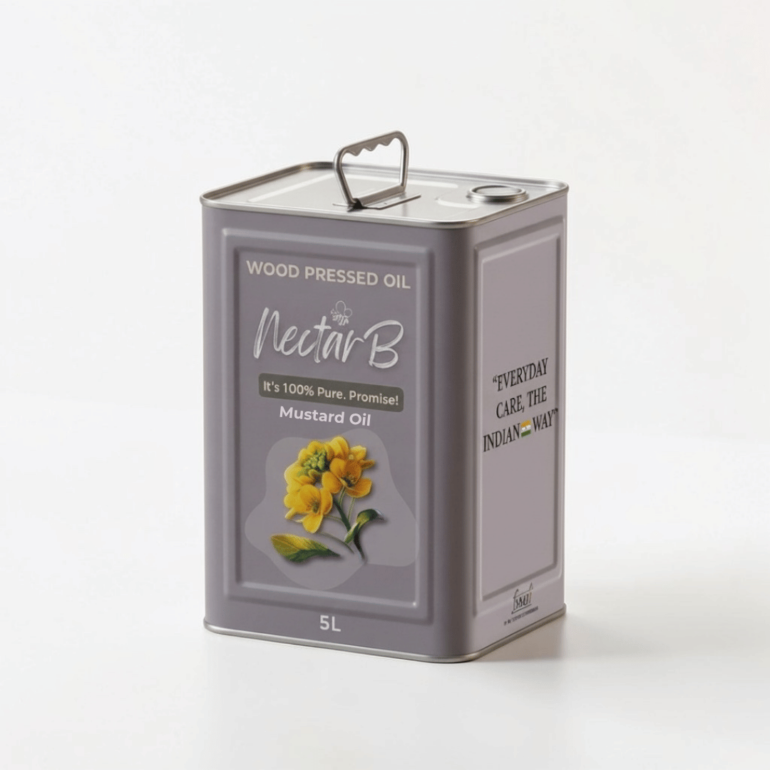 Wood Pressed Mustard Oil, 5L tin: grey square tin with a top handle, yellow flower on the label