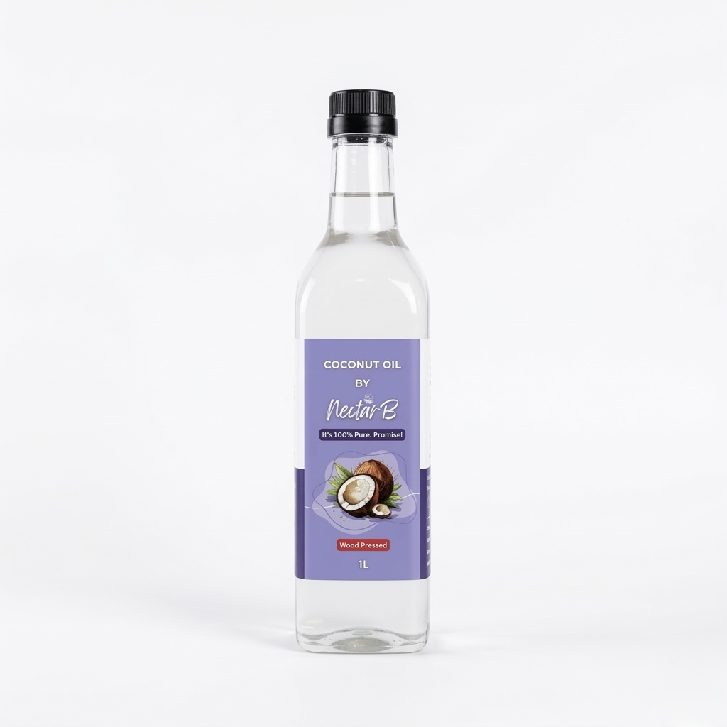 Wood Pressed Virgin Coconut Oil, 1L: clear glass bottle, purple label with a coconut