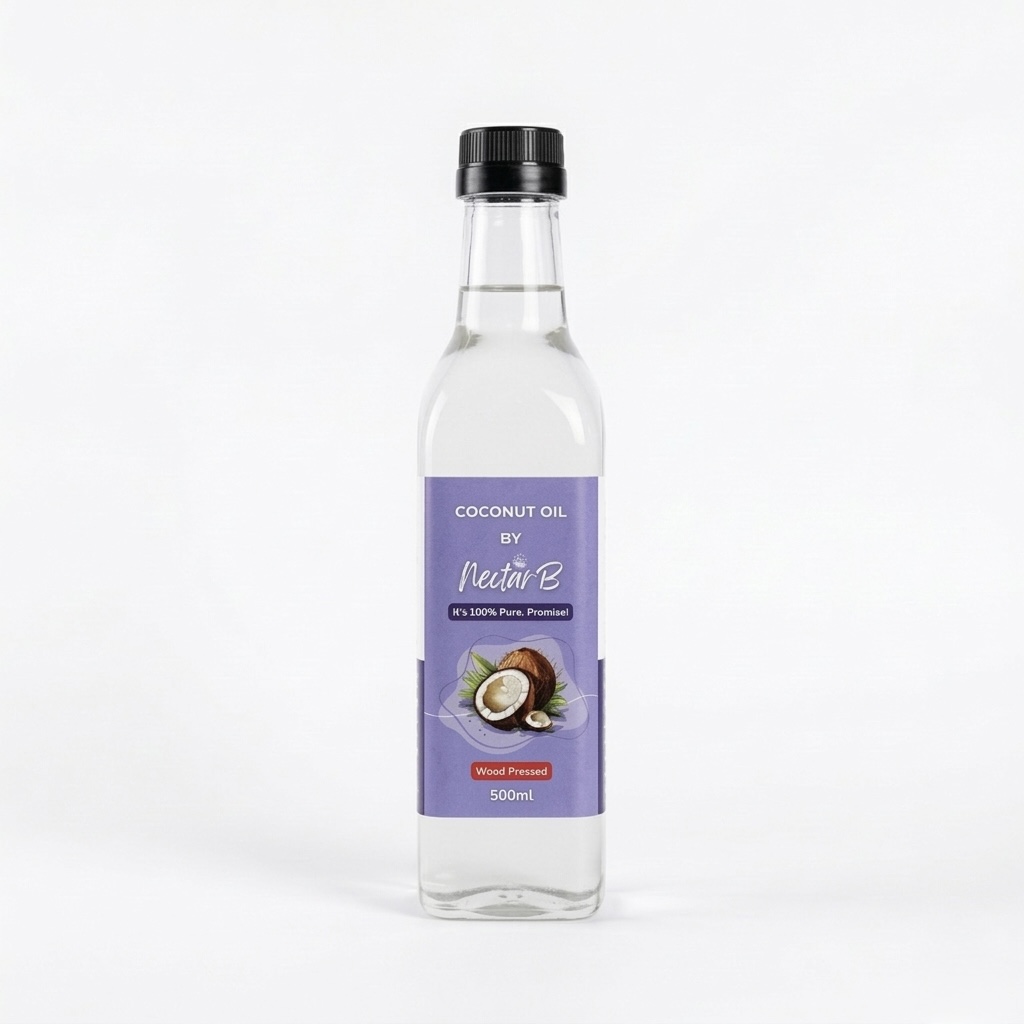 Wood Pressed Virgin Coconut Oil, 500ml: clear glass bottle, purple label with a coconut