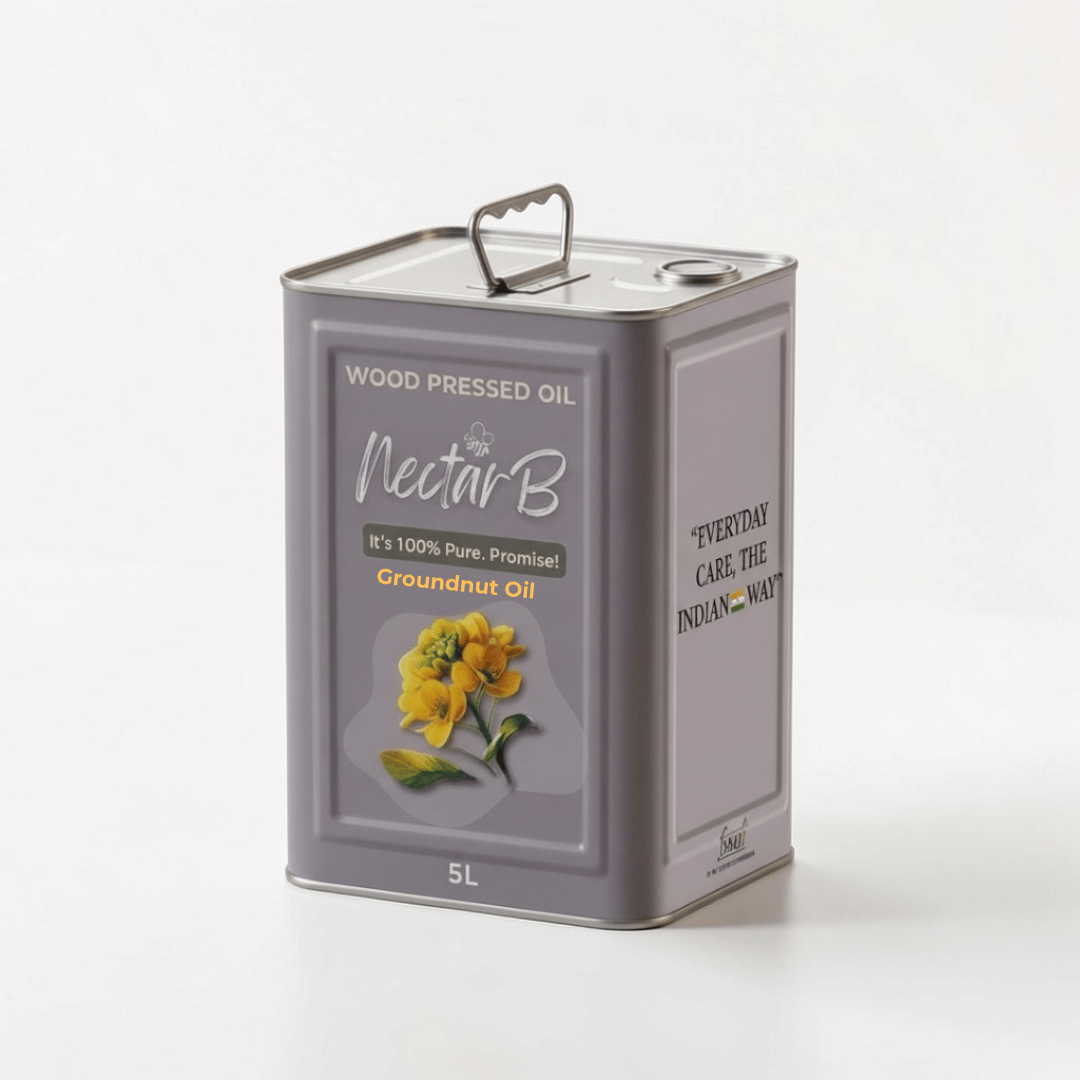 Wood Pressed Groundnut Oil, 5L tin: grey square tin with a top handle, orange Groundnut Oil label