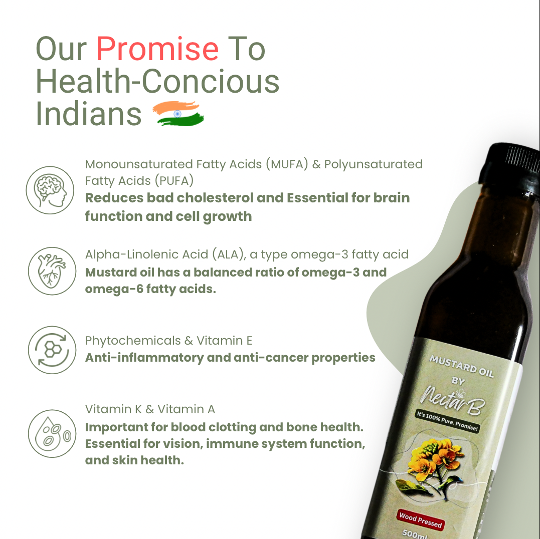 Mustard oil bottle beside an infographic on its fatty acids and vitamins