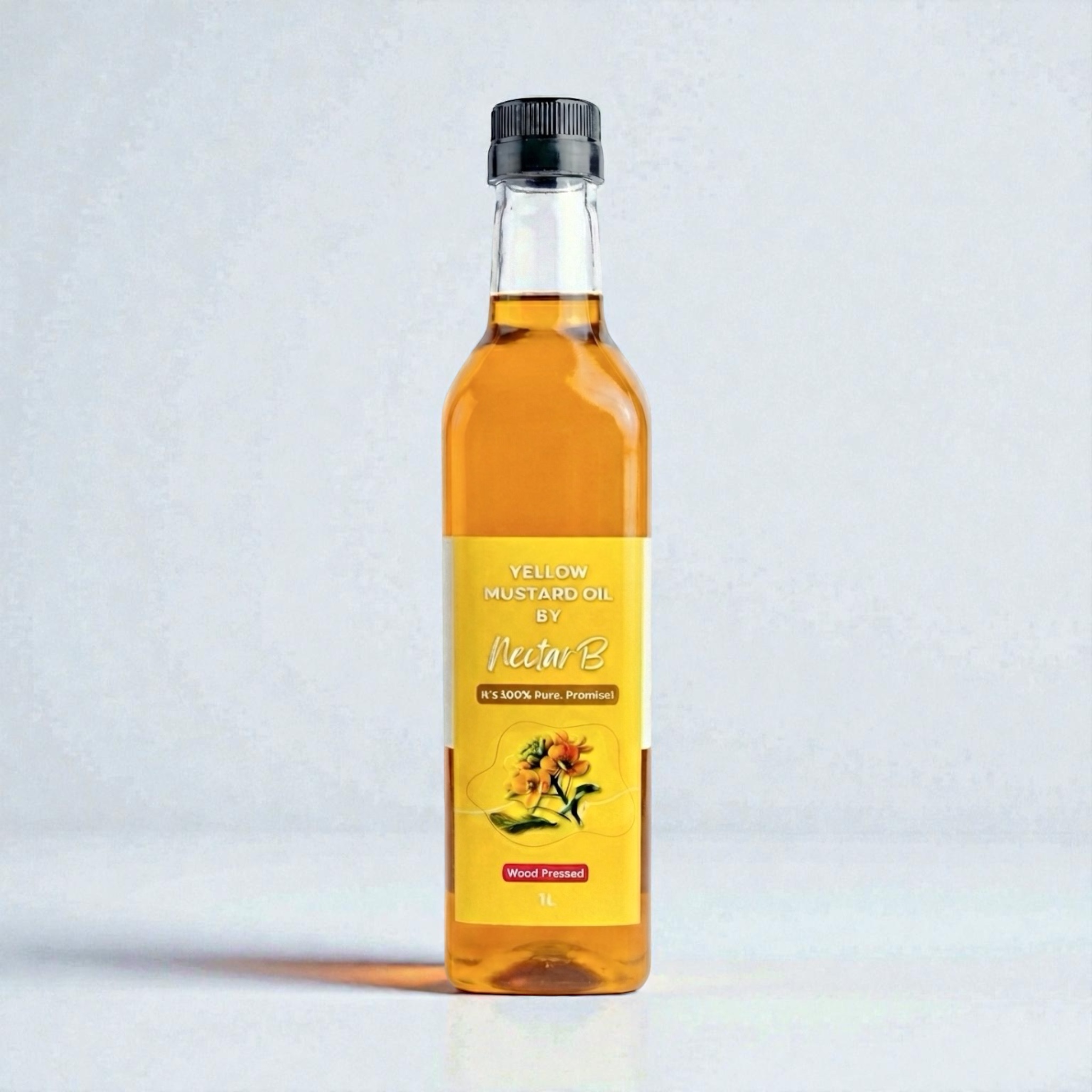 Wood Pressed Yellow Mustard Oil, 1L: glass bottle of golden amber oil, yellow label with a flower
