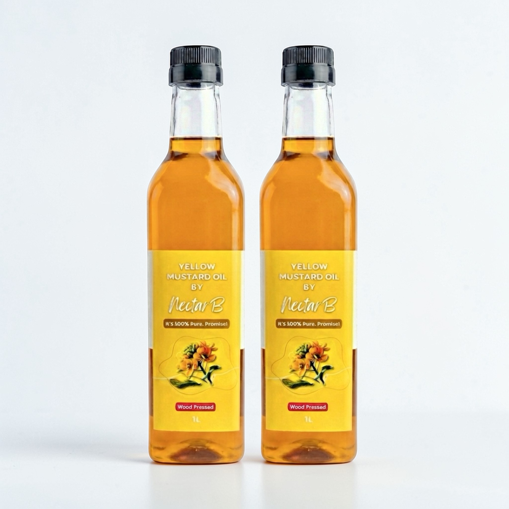 Wood Pressed Yellow Mustard Oil, 2L: two glass bottles of golden amber oil, yellow labels